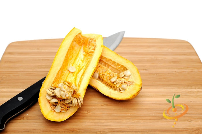 Delicata winter squash seeds from SeedsNow, showing small tan seeds with smooth surface in a close-up image.