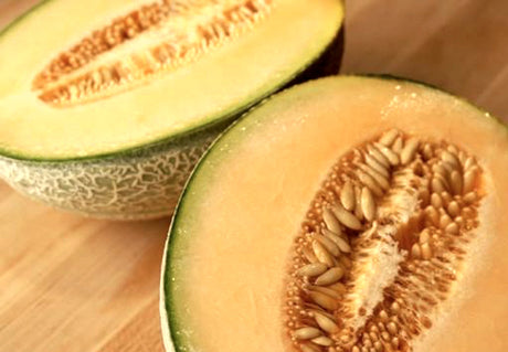 Cantaloupe melon with SeedsNow Heart of Gold seeds, showing ripe orange flesh and green rind on a white background.